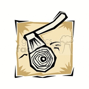 The clipart image depicts an axe embedded in a log of wood. The style is simplified with bold black outlines, a limited color palette, and a general cartoon-like feel. The log shows the end grain with a tree ring pattern and a roughly drawn background that may suggest a rustic setting.