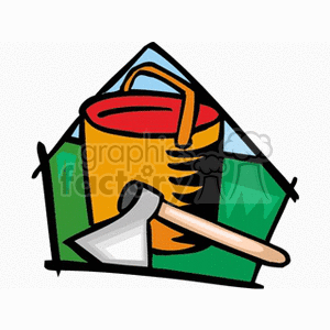 The clipart image contains a red-handled axe with a silver blade, leaning against a yellow bucket with a red handle. The bucket and axe are set against a backdrop of stylized green grass or crops, all enclosed within a simplified barn or house-like outline. The colors are bright and the style is cartoonish, typically used for simplistic representation in graphic design material related to farming or agriculture.