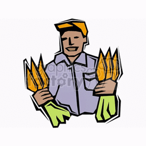 The clipart image features a stylized representation of a farmer holding what appears to be sheaves of corn. The farmer is depicted with a happy expression, wearing a long-sleeve shirt and gloves, suggesting that he is engaged in agricultural work.