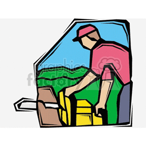 The clipart image features a stylized depiction of a farmer wearing a cap and using a chainsaw, likely in the process of cutting wood. In the background, there is a simplified representation of green fields, suggesting a rural or agricultural setting.