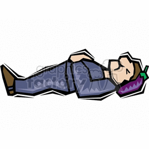 The clipart image shows a stylized representation of a farmer taking a nap or sleeping alongside an eggplant. The farmer is lying down, depicted in a simple and cartoonish manner with minimal detail.