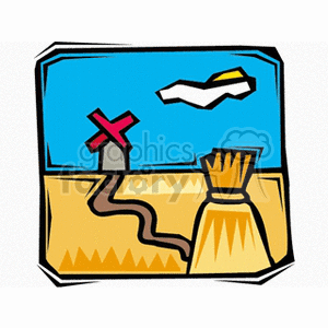 The clipart image depicts a stylized farm scene. It features a blue sky with a single white cloud, a red windmill, a winding path or road, golden fields that could represent hay or wheat, and a sheaf of hay or straw bundled together in the foreground.