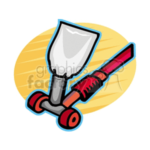 The clipart image features a cartoon-style representation of a fertilizer-spreading tool. There is a gray scoop , and red hose. The fertilizer is sprayed out of this and onto the field 