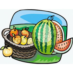 This clipart image features a basket filled with apples and a whole watermelon next to it with a slice cut out. The scene is set against a backdrop of green fields under a blue sky, suggesting an outdoor, agricultural setting.