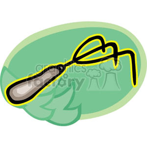 The image is a simple, stylized clipart illustration of a yellow rake with a gray handle, presumably a garden tool used for collecting leaves, spreading soil, or performing other gardening tasks. It is depicted against a green, oval-shaped background that might suggest a leaf or a garden setting.