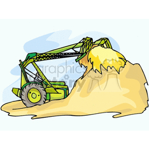 The image depicts a green and yellow tractor equipped with a loader, lifting a large bale of hay or straw. The environment suggests a farming field.