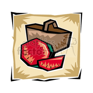 The clipart image depicts a brown basket and slices of watermelon. One large watermelon slice is prominently displayed in the foreground, with its juicy red flesh, black seeds, and green rind clearly visible, along with two smaller slices in the background. The basket appears to be empty and is seen from a slightly overhead perspective.