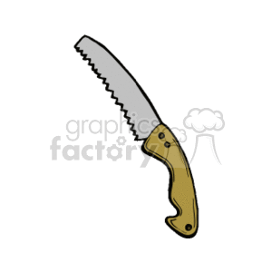 The clipart image depicts a pruning saw, which is a tool commonly used in gardening and agriculture for trimming and cutting branches from trees and shrubs.