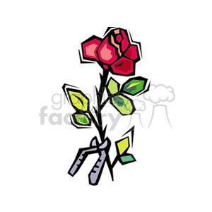 The clipart image shows a stylized illustration of roses. The roses appear to be in varying stages of bloom, with one flower being more open than the other. Additionally, there are leaves depicted on the stems, and what might represent thorns or branches. The colors are bright, with the roses in shades of red and pink, and the leaves in green.