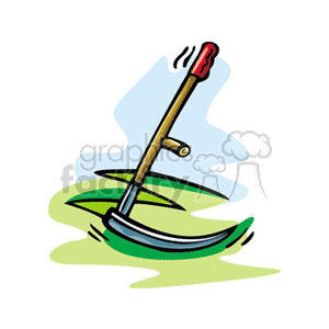 The clipart image displays a traditional hand-held sickle, which is a curved cutting tool used for harvesting or mowing. It is depicted standing upright with the blade resting on the ground, suggesting it might be used in an agricultural field for cutting weeds or harvesting crops. 