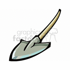 The image illustrates a cartoon of a garden spade, which is a tool commonly used in gardening, agriculture, and landscaping. It features a metal blade and a wooden handle.