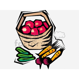 This clipart image features a variety of vegetables: there are radishes, carrots, and cucumbers depicted alongside a basket filled with tomatoes. 