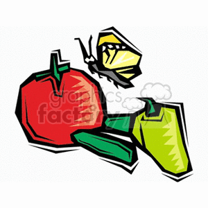 The clipart image shows stylized illustrations of a red tomato, green cucumbers, and a yellow and black butterfly. The image has a distinct garden theme and gives the impression of fresh vegetables possibly indicating themes of gardening, agriculture, or fresh produce.