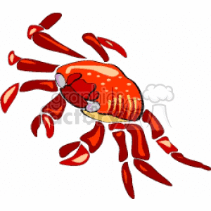 The image is a colorful and stylized illustration of a crab with a prominent red-orange shell, multiple legs, and a pair of claws. It is a simple graphic representation that might be used in various materials related to marine life, food, or educational content about animals.