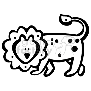 The image is a cartoon of a lion in black-and-white line art. The lion has a large, round face with a black nose, two small black eyes, and a closed mouth. Its ears are pointed, and its tail is long and bushy. The lion is standing on four feet with its 2 legs slightly raised as if it's walking