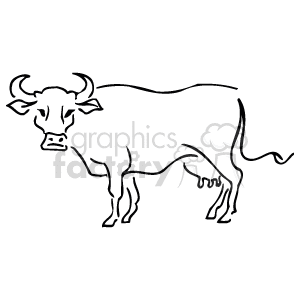 The image is a black-and-white line art representation of a bull. The bull is standing in profile view, showcasing its prominent horns, muscular physique, and characteristic features of cattle.