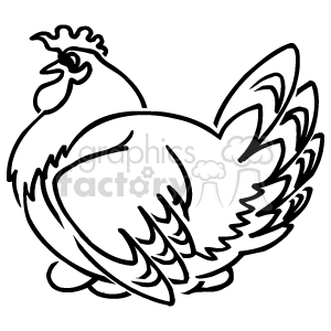 The image is a black and white clipart outline of a hen. The hen appears to be in a relaxed or roosting position with prominent features such as the beak, comb, tail feathers, and wings identifiable in the outline.