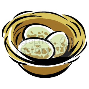 The image is a clipart depicting a nest with three speckled eggs in it. The nest appears to be made of twigs or straw, forming a circular structure typical of bird nests.