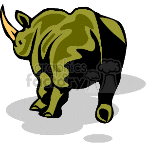 The image is a clipart of a rhinoceros. It features a stylized depiction of this animal, with a noticeable large horn on its nose—a characteristic feature of rhinos. The rhinoceros is in profile, facing toward the left, with shading to give it a three-dimensional appearance. The style is simplified with smooth lines and solid color fills, which is typical for clipart, making it suitable for various graphical applications.
