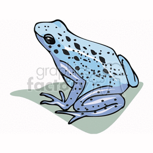 The image is a clipart illustration of a blue frog with black spots. It appears to be sitting on a small patch of green, which may suggest a lily pad or a leaf, typically associated with a frog's habitat near water.