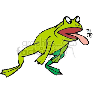 The clipart image depicts a green frog with its tongue stretched out, attempting to catch a fly. The frog has prominent eyes, webbed feet, and is shown in side profile.
