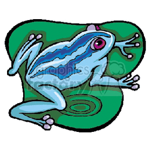 This clipart image features a stylized frog with blue stripes, red eyes, and prominent feet, sitting on a green lily pad. The design suggests it may be inspired by a poison dart frog, which is known for its vibrant colors and patterns. The frog's pose is dynamic, creating a sense of movement even within the still image.