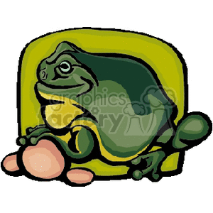 The image is a clipart of a cartoonish, chubby green frog sitting down with a large, rounded belly. It has bulging eyes and appears to be content or relaxed.