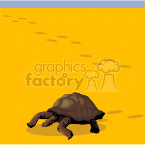 This clipart image depicts a sea turtle against a yellow background with a gradient that suggests a sandy environment, possibly representing land meeting water. There are little dots that perhaps are intended to be sand or pebbles.