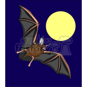 The clipart image depicts a single bat in flight against a dark night sky with a full yellow moon in the background. The bat has its wings fully extended and appears to be in mid-flight. It's a stylized representation suitable for themes related to Halloween or the nocturnal animal itself.
