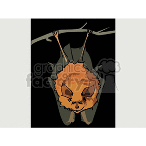 The clipart image shows a bat hanging upside down from a branch, which is a typical resting posture for a bat. The bat appears to be sleeping and is set against a dark background, which could indicate it's nighttime or that they're in a dark environment like a cave.