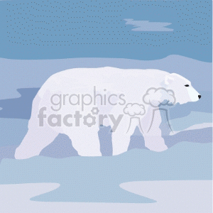 The image is a stylized clipart featuring a polar bear in an arctic setting. The bear is white, blending with the snow-covered ground, and there is a pale blue background that suggests a cold, icy environment, possibly with icebergs or snow mounds. The sky has a gradient of blue shades with stylized clouds or snowflakes, reinforcing the arctic atmosphere.
