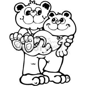 The image is a black and white clipart of two teddy bears suggestive of a family scene. It includes a larger bear, which could be interpreted as a parent, holding a smaller bear, possibly indicative of a child, embracing them with what appears to be affection. The style is simple with bold outlines, making it suitable for coloring or use in country-style decorative themes. The bears have friendly, smiling facial expressions, and there are heart patterns on the larger bear's foot pads, adding to the charming and wholesome quality of the image. This image can connote themes of family, parenting, love, and care.