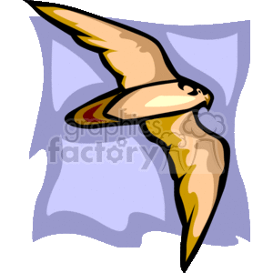 The image is a clipart representation of a bird in flight. The bird appears to be stylized with an emphasis on the wings and the body. The wings are outstretched, indicating the bird is flying or gliding. The colors used are various shades of brown, beige, and a hint of red, with an abstract blue and purple background that could suggest the sky. The bird depicted has features that could represent a falcon, known for their remarkable ability to hunt while in flight. The image has a simplistic and clean design, typical of clipart used for educational materials, logos, or digital art projects.