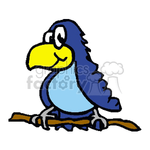 The clipart image features a cartoon representation of a bird, specifically designed to look like a blue jay. The bird is predominantly blue with lighter shades on its belly and around its face. It has a large, pronounced yellow beak and is perched on a brown branch.
