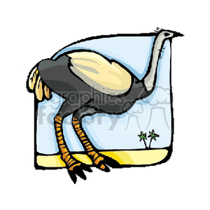 This clipart image shows a stylized, cartoon-like representation of an ostrich. The ostrich has a large body with a prominent white area, a long neck, and a small head with a beak. It also features long, striped legs with detailed feet. The background seems to be abstract, possibly indicating sky and a tiny representation of plant life at the bottom right corner, suggesting that the ostrich is in its natural habitat.