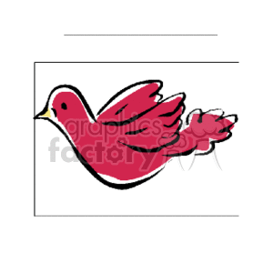 The image is a simplified or stylized representation of a bird, particularly a dove. The dove is depicted in a side profile, flying from left to right. It has a prominent eye, a beak, and its wings and tail feathers are spread out, suggesting motion. The image uses a limited color palette, primarily featuring shades of red and outlines in a darker tone, likely to provide contrast and definition.