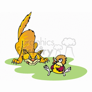 The image depicts a cartoon of a yellow and brown striped cat in a prowling position, focused on a small bird in front of it. The bird looks somewhat alarmed or surprised. They are both on a green surface which could represent the ground or grass.