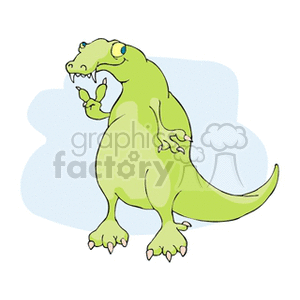 The clipart image features a cartoonish green dinosaur with a plump body and a friendly demeanor. It stands upright on its two hind legs, has a curving tail, short arms, and is smiling. The background appears to be a simple, light blue possibly indicating the sky.