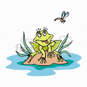 The clipart image features a cartoon frog sitting on a lily pad in a pond. The frog appears to be watching a fly buzzing above its head. There are some blades of grass or similar plants around the lily pad, and the water is depicted by wavy blue lines.
