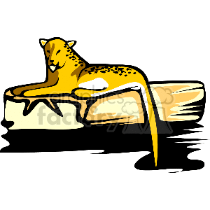 The clipart image depicts a stylized leopard resting on a flat rock surface with what appears to be a body of water in the background. The leopard is illustrated in a simplified cartoon form with spots and typical feline features. The image is likely symbolic of a jungle or South American habitat, where such animals may be found in the wild.
