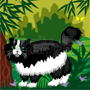 This clipart image features a black and white cat standing outdoors among green foliage. There is a yellow butterfly above to the right and flowers in the background, some of which are purple. The scene appears to be a lush garden or a natural environment with various plants that create a vivid backdrop for the cat.