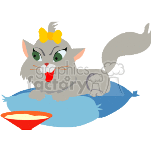 The clipart image features a gray cat with a yellow bow on its head. The cat appears to be pampered or well-groomed and is sitting on a blue pillow. In front of the cat is a small orange bowl, which may contain food or water. The cat has a playful or content expression with its tongue sticking out slightly.