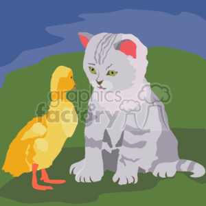 The clipart image shows a gray cat sitting on grass, and a yellow duckling standing facing the cat. The expressions and postures of the animals could be seen as curious or inquisitive, as they seem to be in a face-to-face encounter, playing with each other