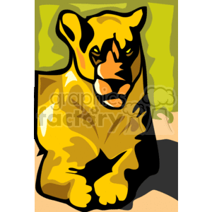 This is a stylized clipart image of a large lioness. The image is abstract and uses bold shapes and colors to depict the animal in a simplified form. The lion appears to be sitting or lounging, with elements like its mane, eyes, and facial features exaggerated for artistic effect.