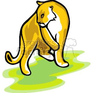 The clipart image shows the figure of a lioness, a female lion, in a standing position. The lioness has a golden-brown fur coat with black markings, a dark nose. She is looking to her right, with her tail slightly raised behind her.
