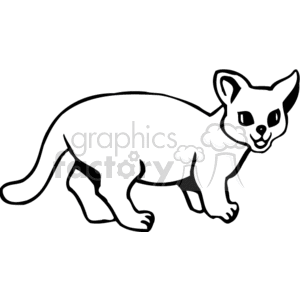 The image is a black and white clipart of a cat. The cat is depicted in a side profile with a visible head, body, four legs, and a tail. The feline has pointed ears, eyes, a nose, and a mouth, and is in a walking position.
