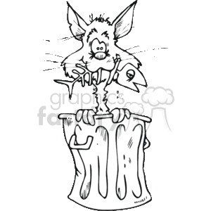The image is a black and white clipart depicting a cartoon cat that has an exaggerated and comical appearance. It has large ears and is peering out from inside a trash can, clutching a fish bone with a numbered tag attached to it. The trash can appears to be very dirty or dripping, possibly implying that the contents are unclean or the can is old. The overall impression is humorous, suggesting the cat is up to some mischief or has been caught in the act of scavenging for food.
