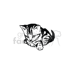 This clipart image shows a cat or kitten. These cat figures are stylized with outlines that depict their shapes and features such as ears, eyes, whiskers, and fur texture. The artwork is monochrome, utilizing black and white to create the image.
