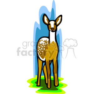 This is a clipart image of a spotted fawn, which is a baby deer, standing on a green patch that might represent grass. The fawn appears in profile with distinctive white spots on its back, which is common for young deer as camouflage. Behind the fawn, there are stylized blue shapes that could be interpreted as abstract representations of a forest or trees. The overall style of the image is cartoonish and simplified, making it suitable for various graphic design applications like educational materials, children's books, or websites related to wildlife.