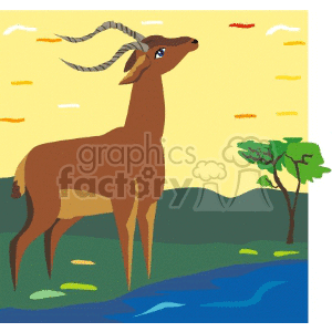 This clipart image features a stylized antelope, with notable curved horns, standing beside a body of water. In the background, there is a simple depiction of a hill and a green tree. The sky is yellow, suggesting it might be dawn or dusk, and there are several small, abstract bird shapes in the sky.